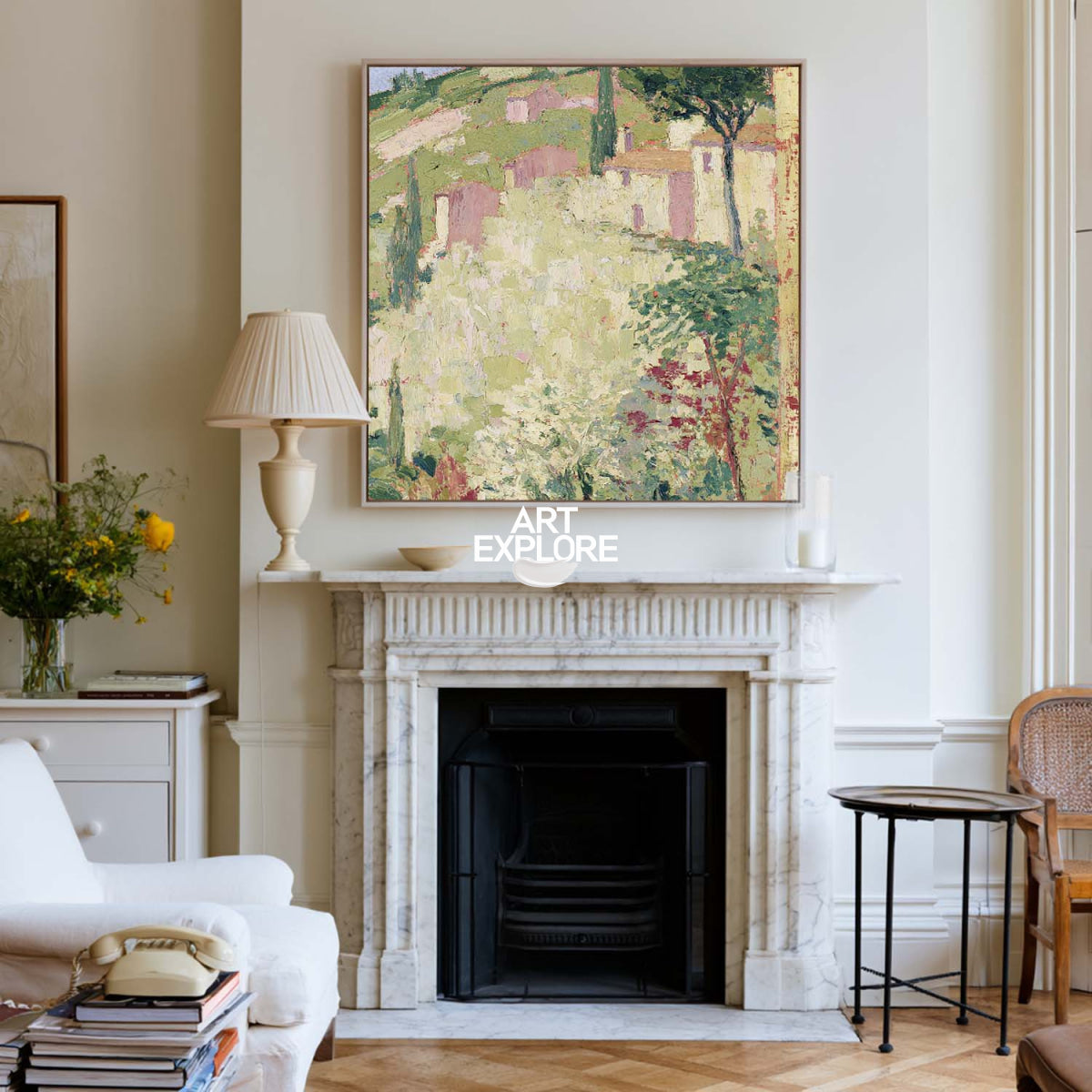 Hand-Painted Countryside Landscape Canvas Art With Green And Yellow Tones