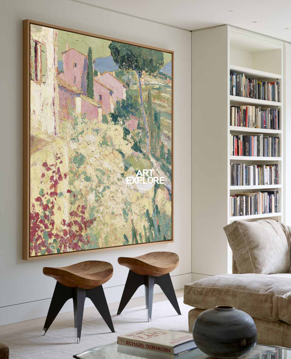 Hand-Painted Mediterranean Landscape Canvas Art With Green Hills And Yellow Sunlight