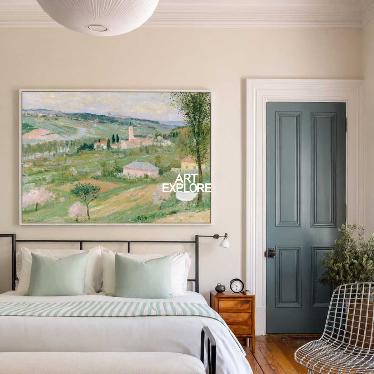 Hand-Painted Abstract Green And Pink Countryside Impressionist Landscape Canvas Art