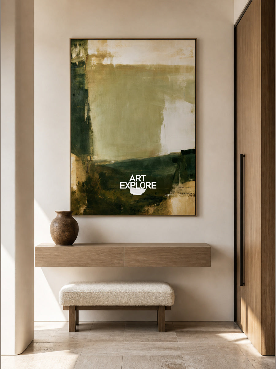 Hand-Painted Minimalist Abstract Art In Earthy Green Tones For Modern Homes