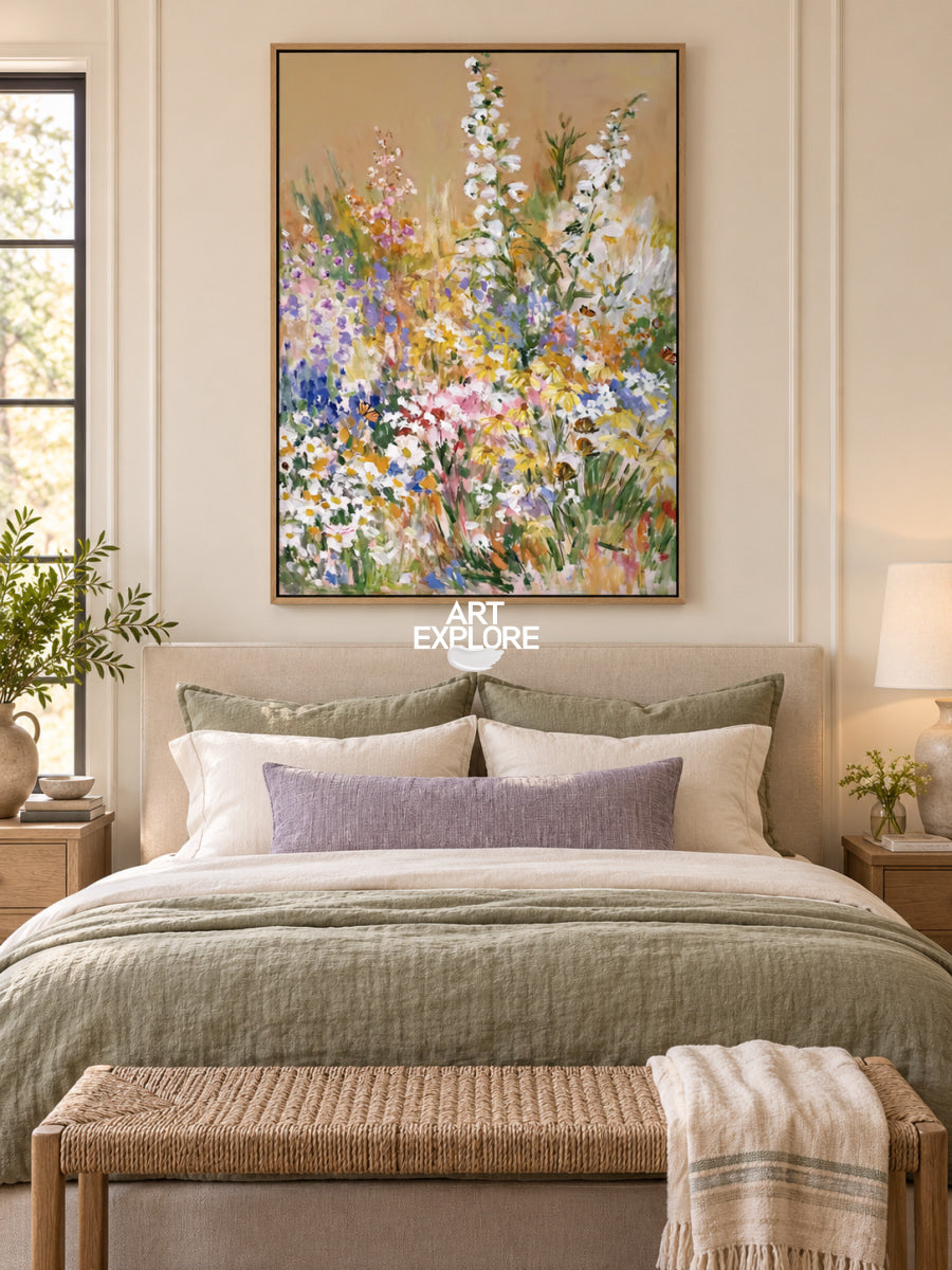 Colorful Abstract Floral Canvas Painting With Butterflies For Modern Home Decor