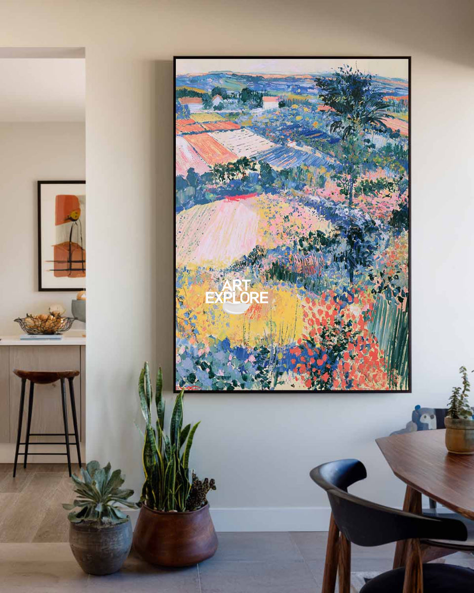 Hand-Painted Impressionist Countryside Landscape Canvas Painting In Blue And Pink