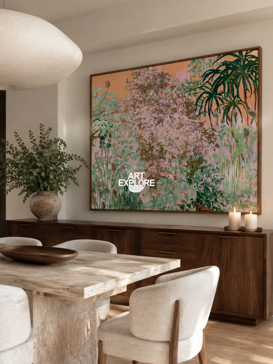 Abstract Pink And Green Botanical Canvas Painting Hand-Painted Wall Art For Modern Home