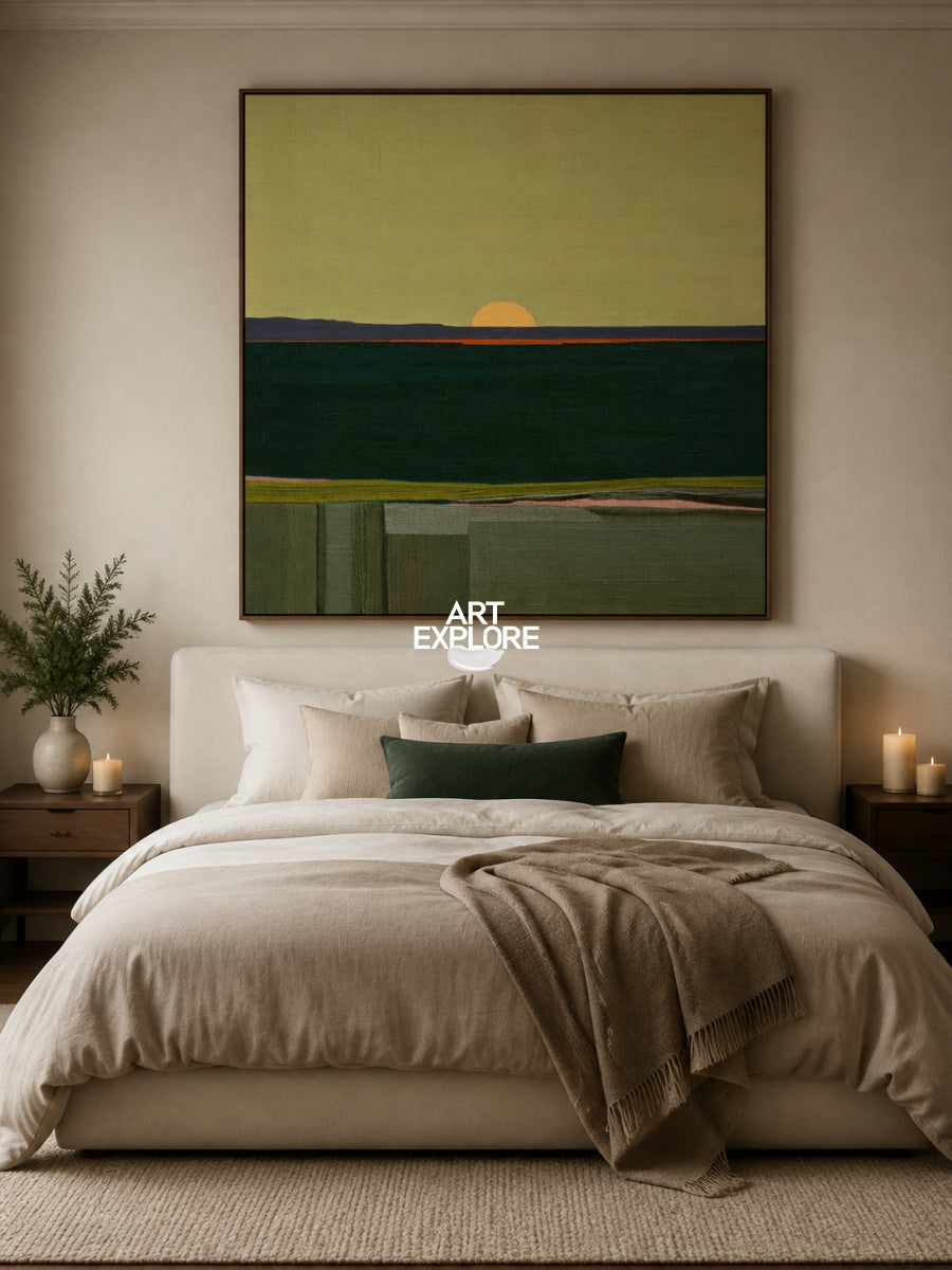 Minimalist Abstract Green Art With Geometric Forms And Sunset Glow Original Canvas