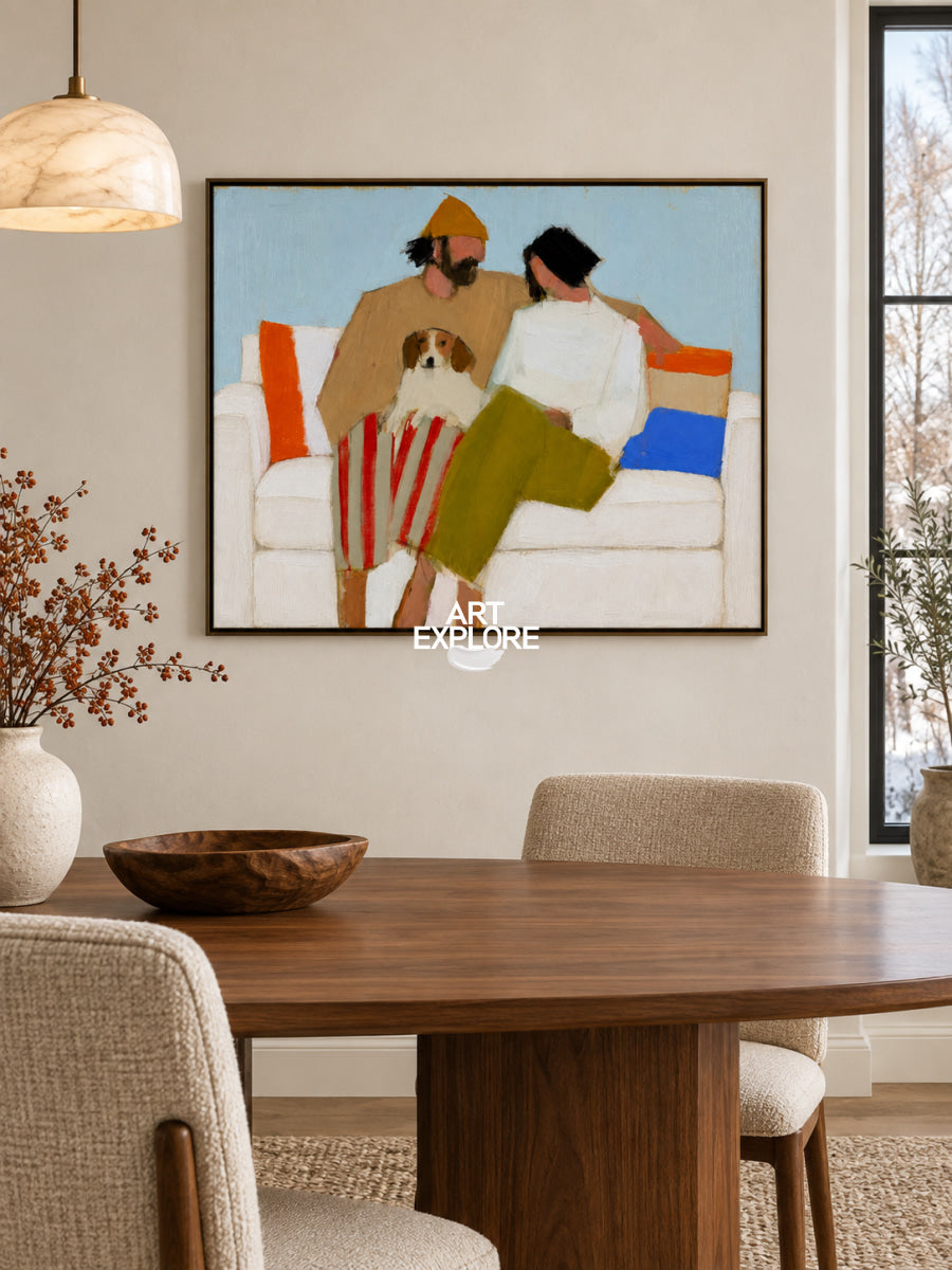 Abstract Couple And Dog Painting On Canvas For Modern Home Decor