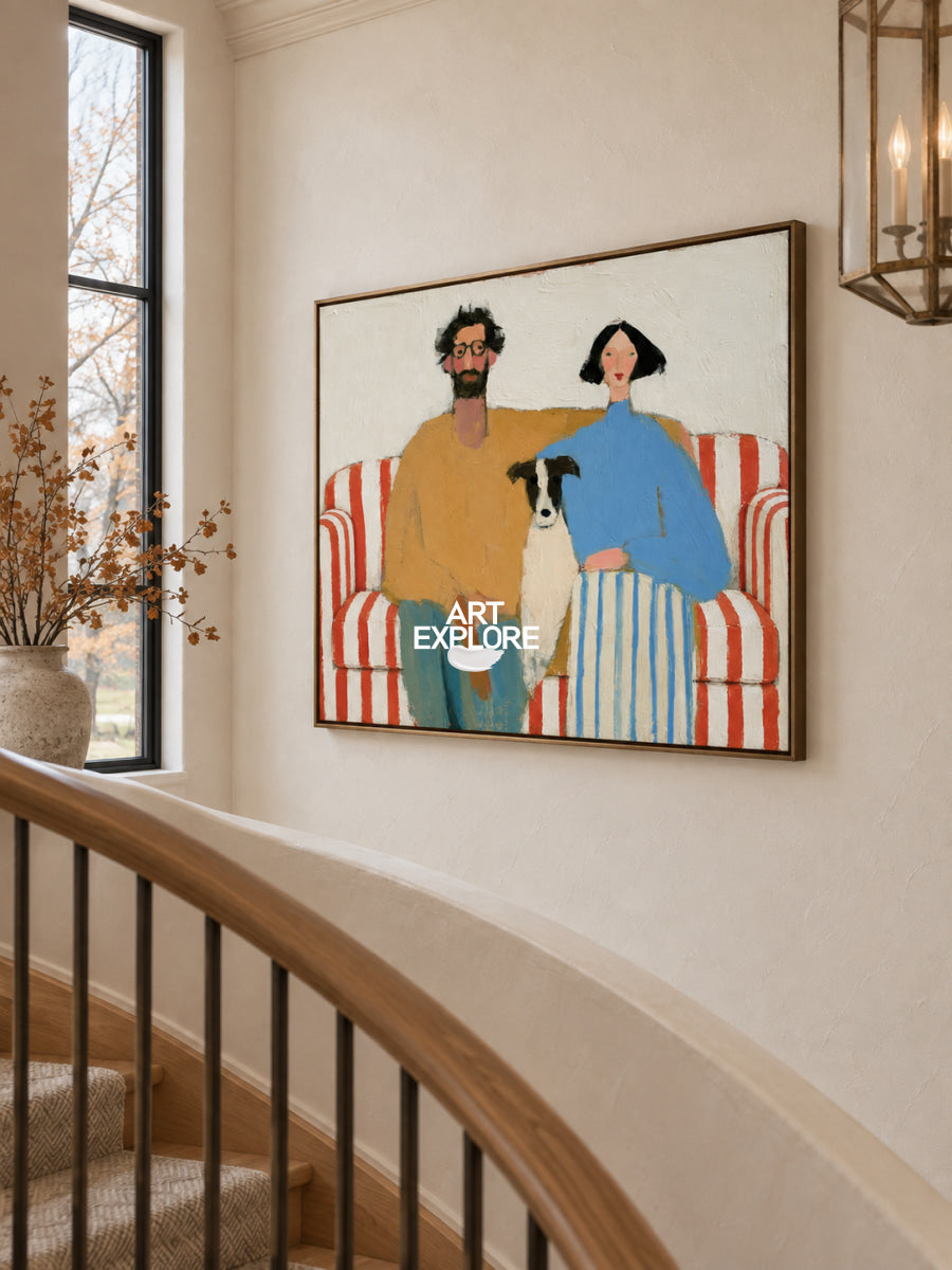 Abstract Couple And Dog Painting On Red Striped Sofa Hand-Painted Canvas Art