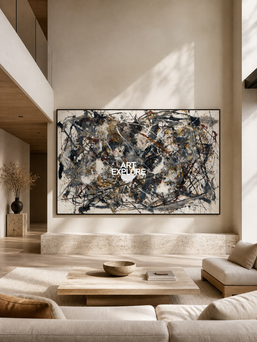 Bold Abstract Canvas Painting With Black And Beige Strokes For Modern Art Lovers