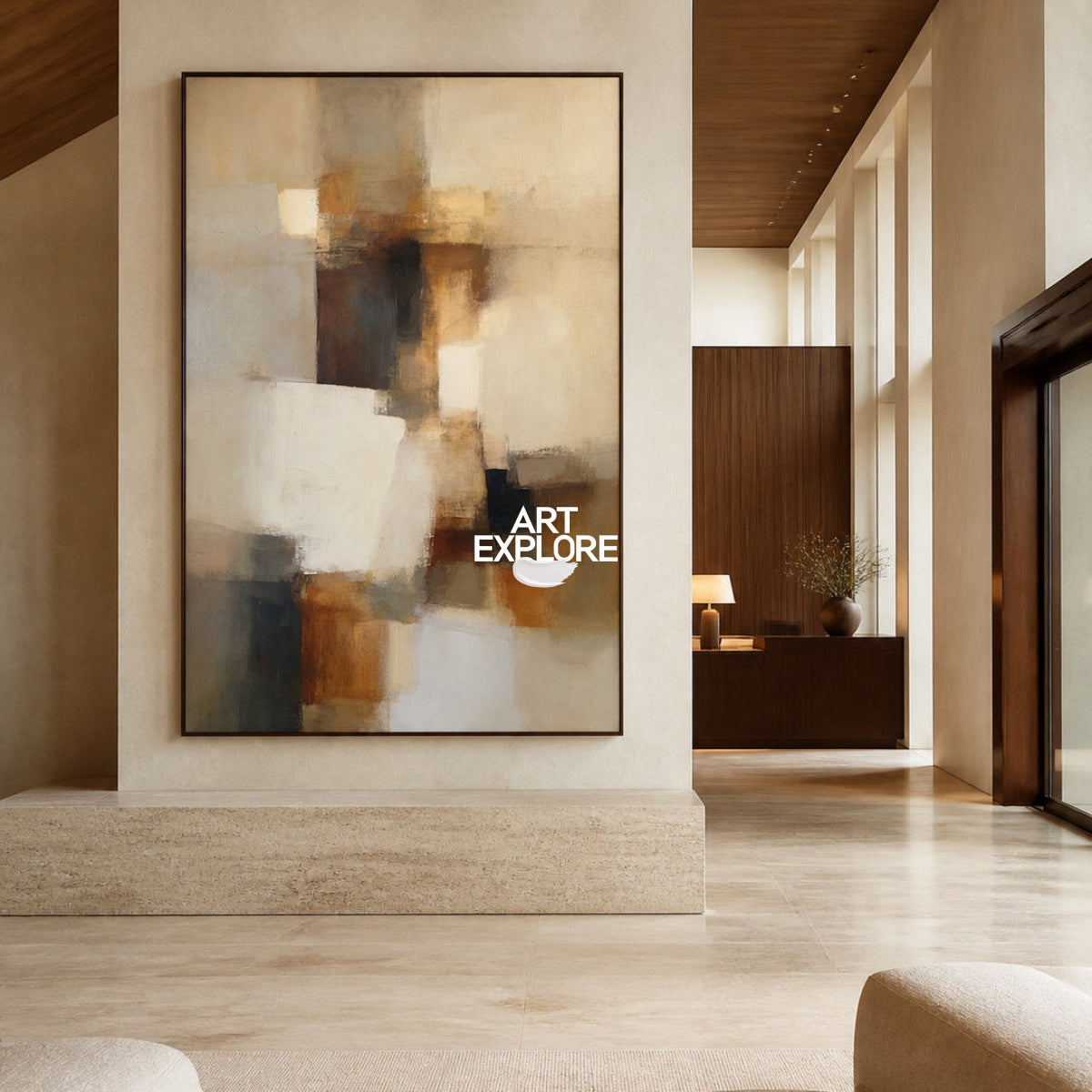 Earthy Abstract Expressionism Art Beige Brown Handmade Canvas For Office Decor
