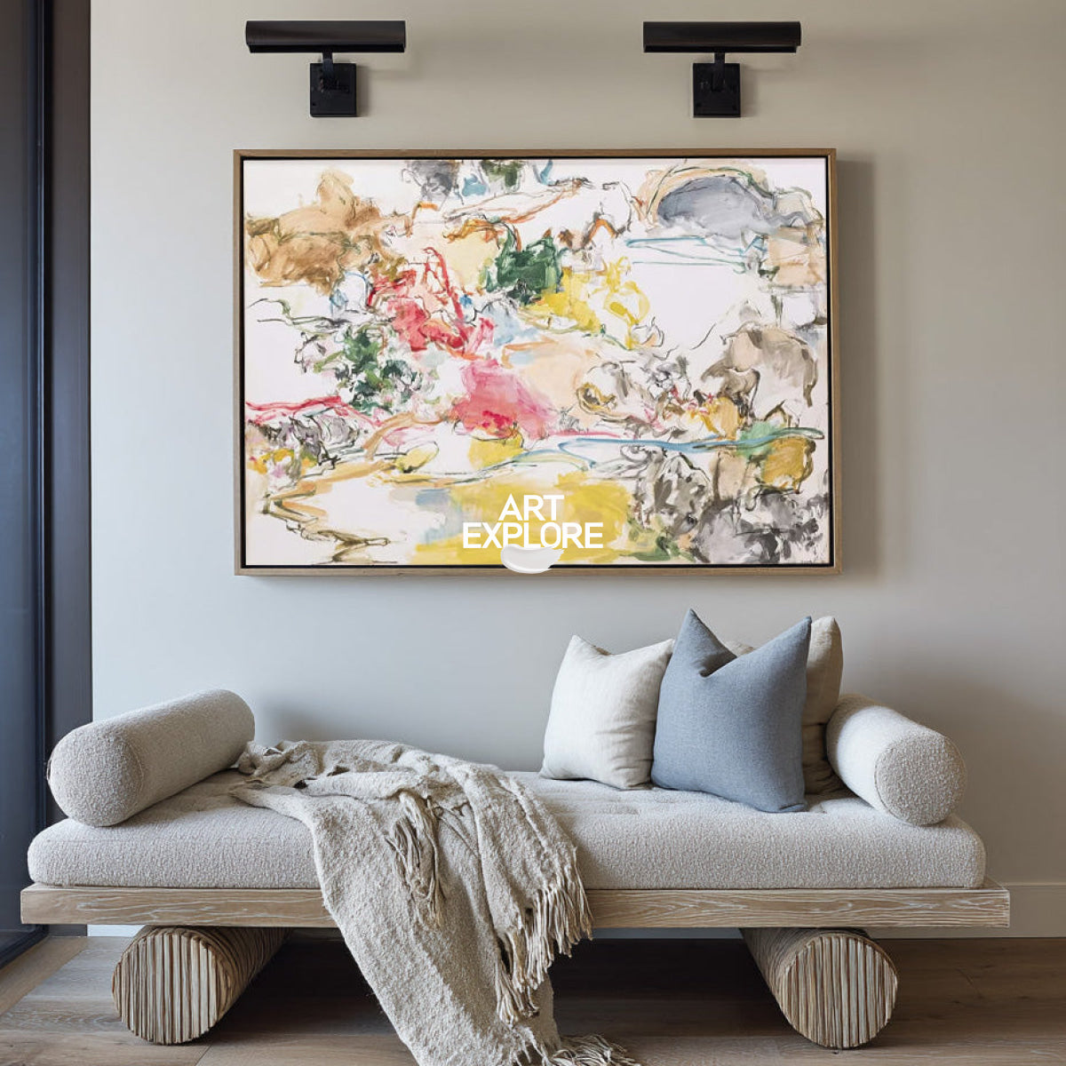 Abstract Pastel Canvas Painting With Yellow Pink Tones For Modern Walls
