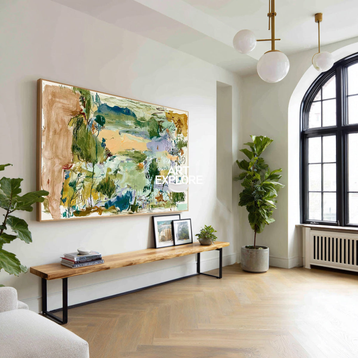 Abstract Green Landscape Canvas Painting Hand-Painted Wall Art With Blue And Beige Tones