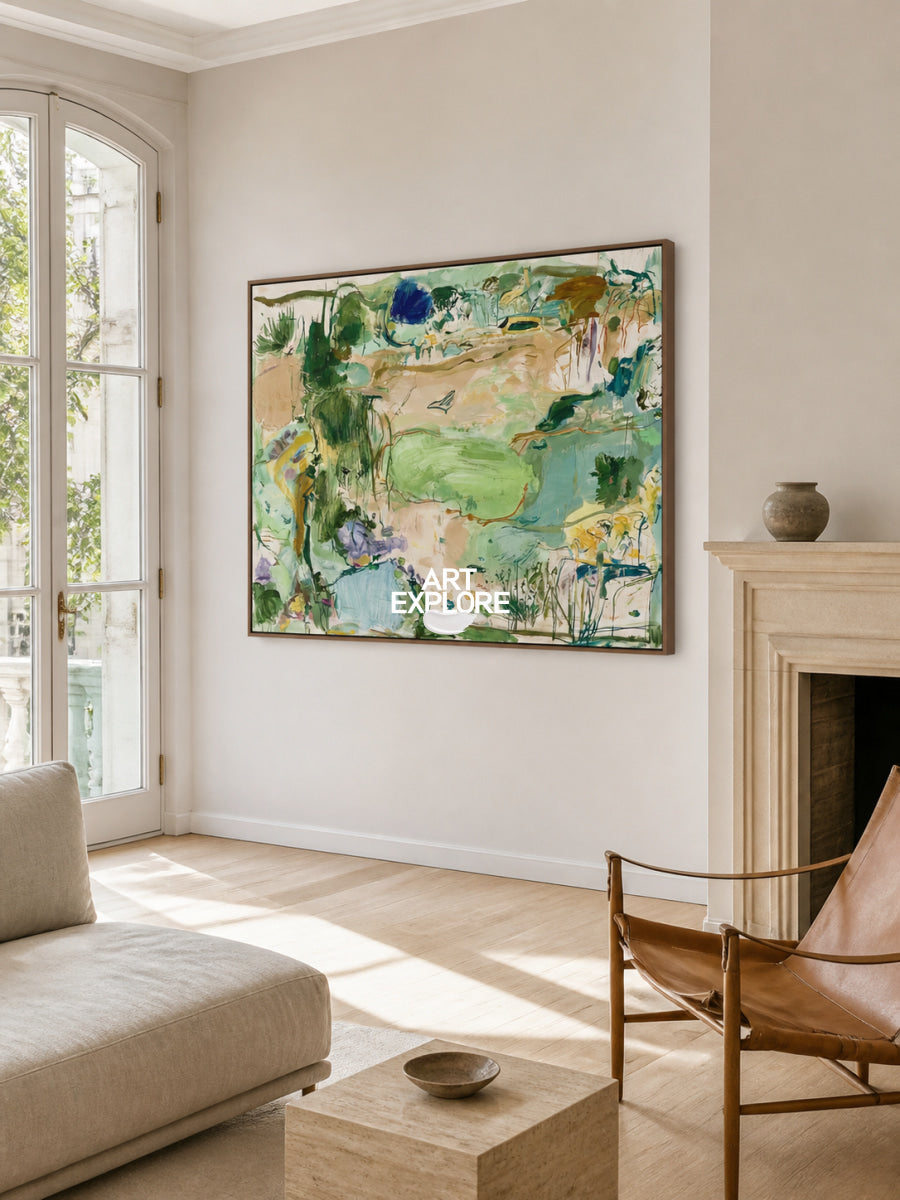 Abstract Green Landscape Hand-Painted Canvas Art With Blue Accents