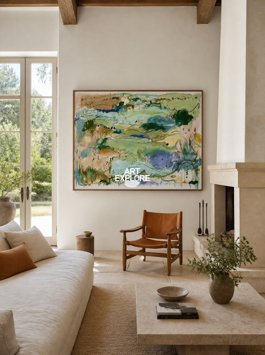 Abstract Green Landscape Canvas Painting Hand-Painted Wall Art With Blue And Beige Tones