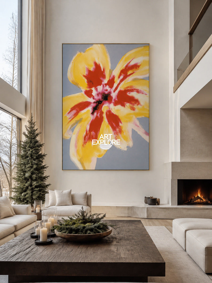 Hand-Painted Abstract Flower Art In Red And Golden Yellow Tones On Canvas