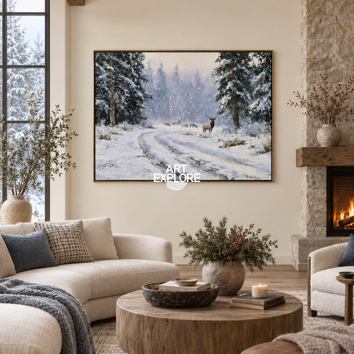 Hand-Painted Deer And Elk In Snowy Forest Canvas Painting