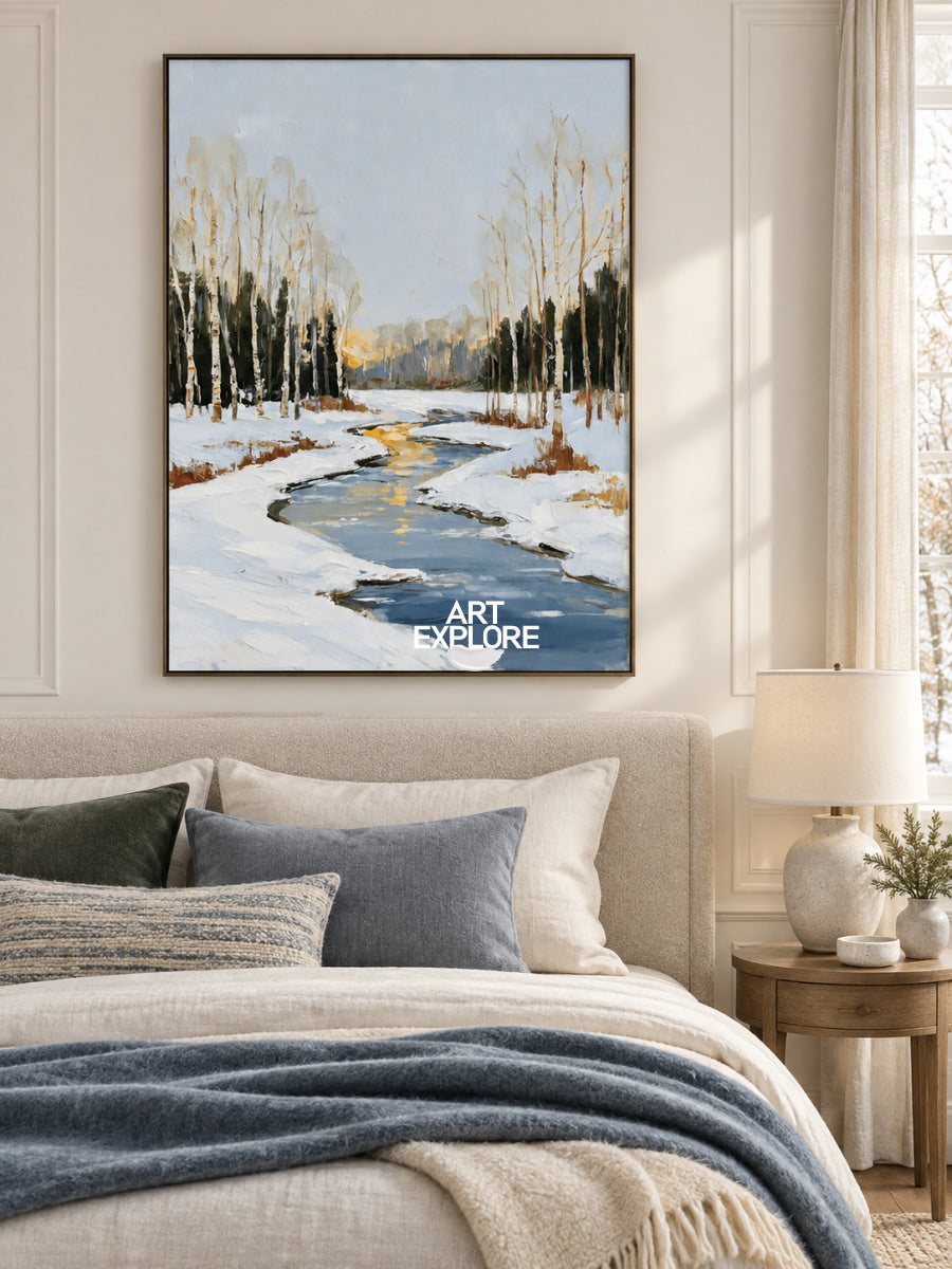 Abstract Winter Landscape Canvas Painting With Blue Stream And Birch Trees