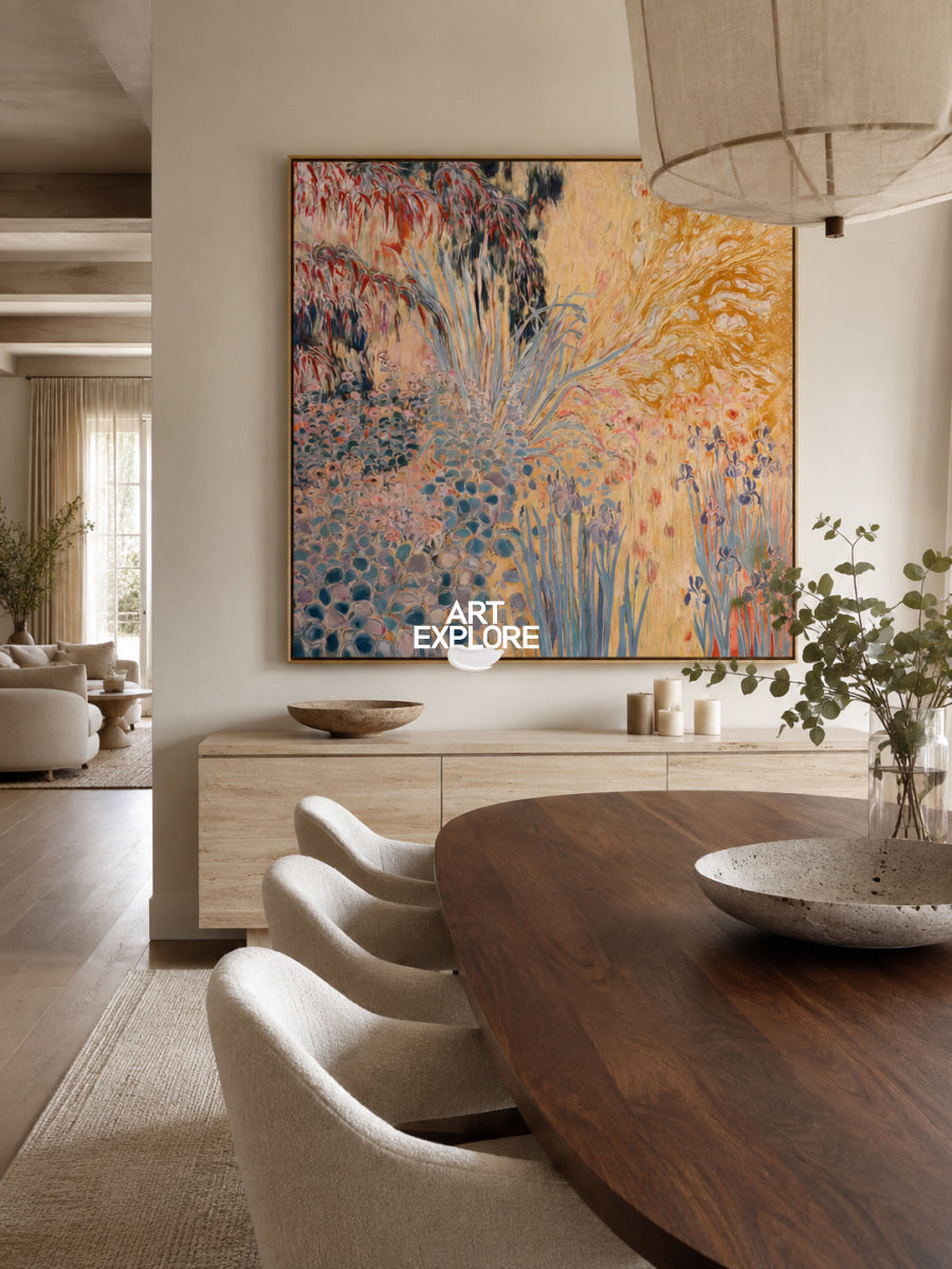 Abstract Floral Canvas Painting With Warm Pink And Orange Tones