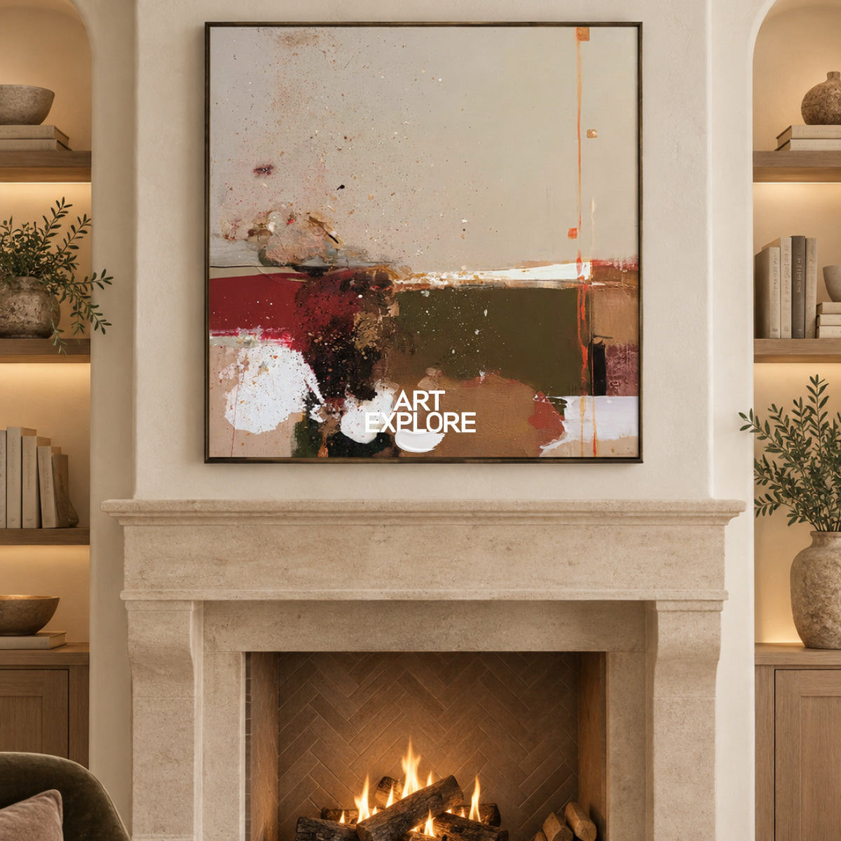 Abstract Earth Tone Canvas Painting With Red And Green Accents For Modern Walls