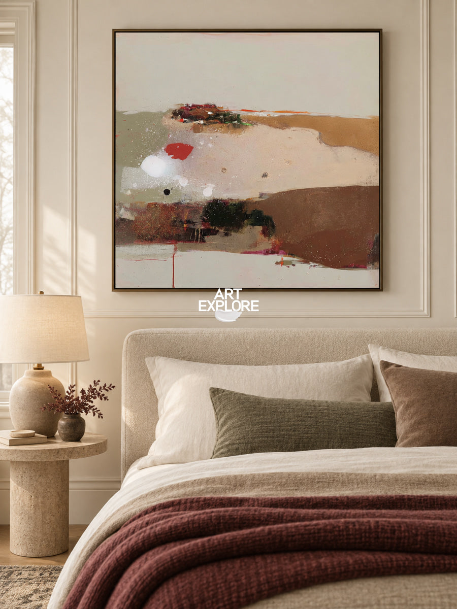 Abstract Earth Landscape Canvas Painting With Red And Green Accents Original Art