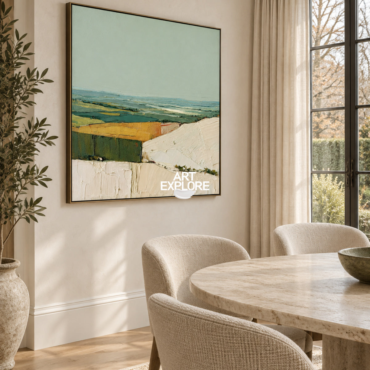 Abstract Green Landscape Canvas Painting With Textured Hills For Modern Walls