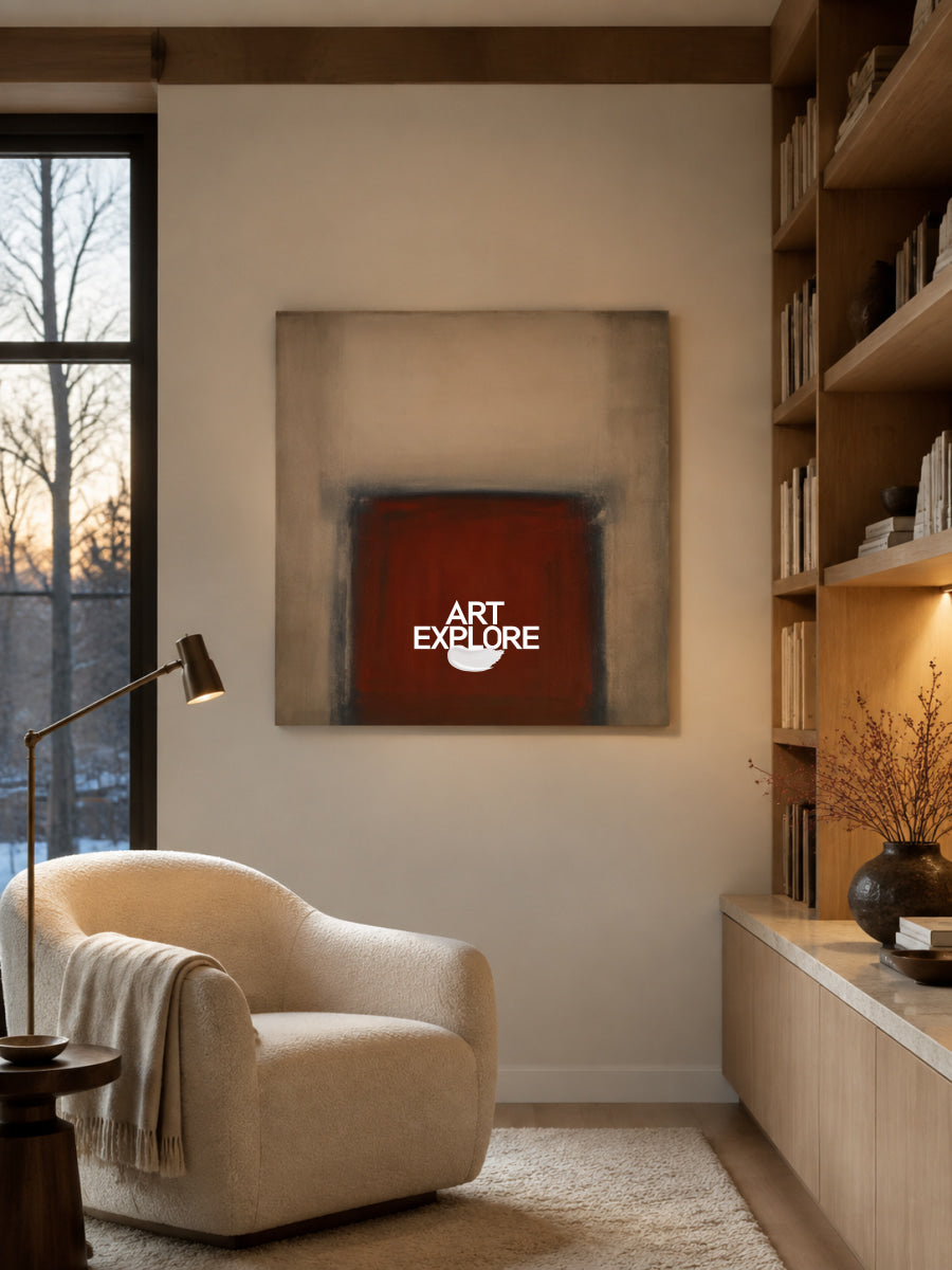 Minimalist Red Abstract Canvas Art With Soft Beige Tones And Geometric Shape