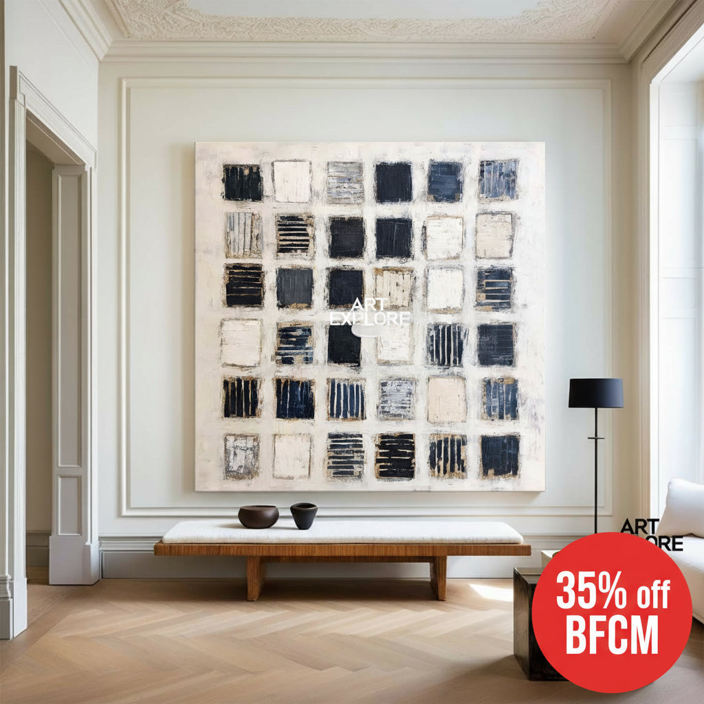 Square Black and Beige Minimalist Oil Painting for Home Decor | ArtExplore