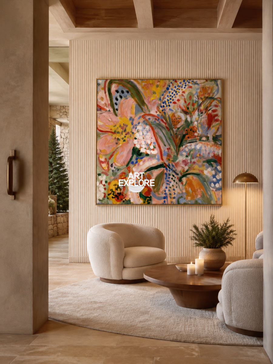 Abstract Floral Canvas Painting With Pink Blue Yellow Hand-Painted Wall Art
