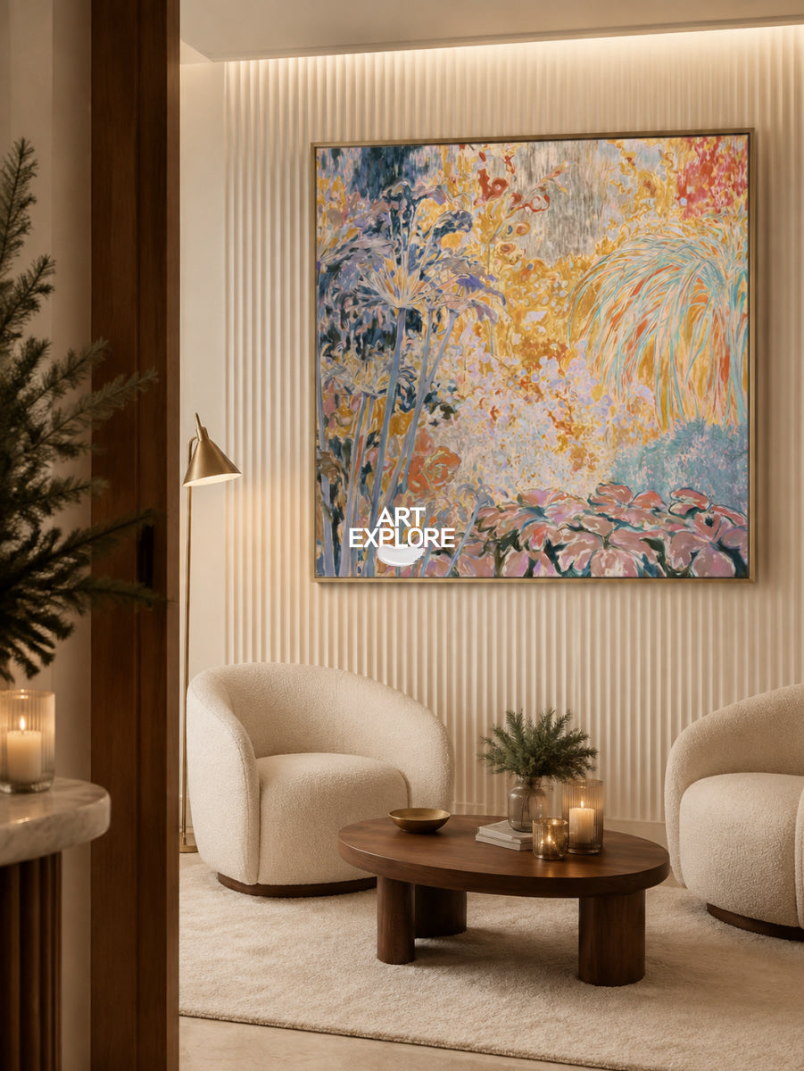 Abstract Botanical Canvas Painting With Pink And Orange Floral Colors