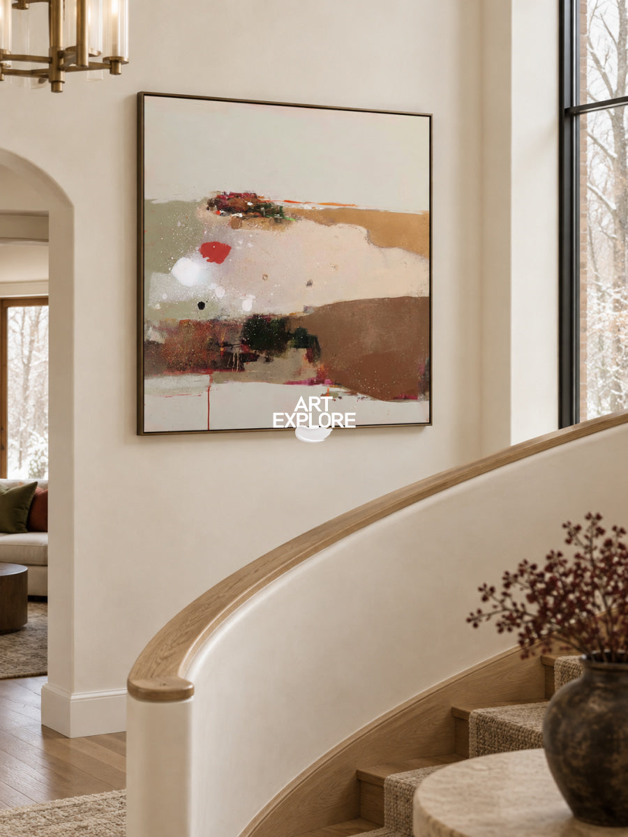 Abstract Earth Landscape Canvas Painting With Red And Green Accents Original Art