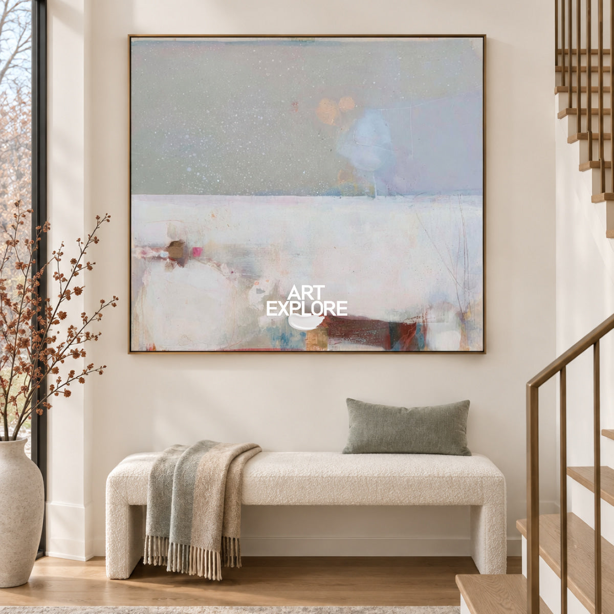 Minimalist Abstract Square Painting With Textured White Blue Gray Tones Original Art