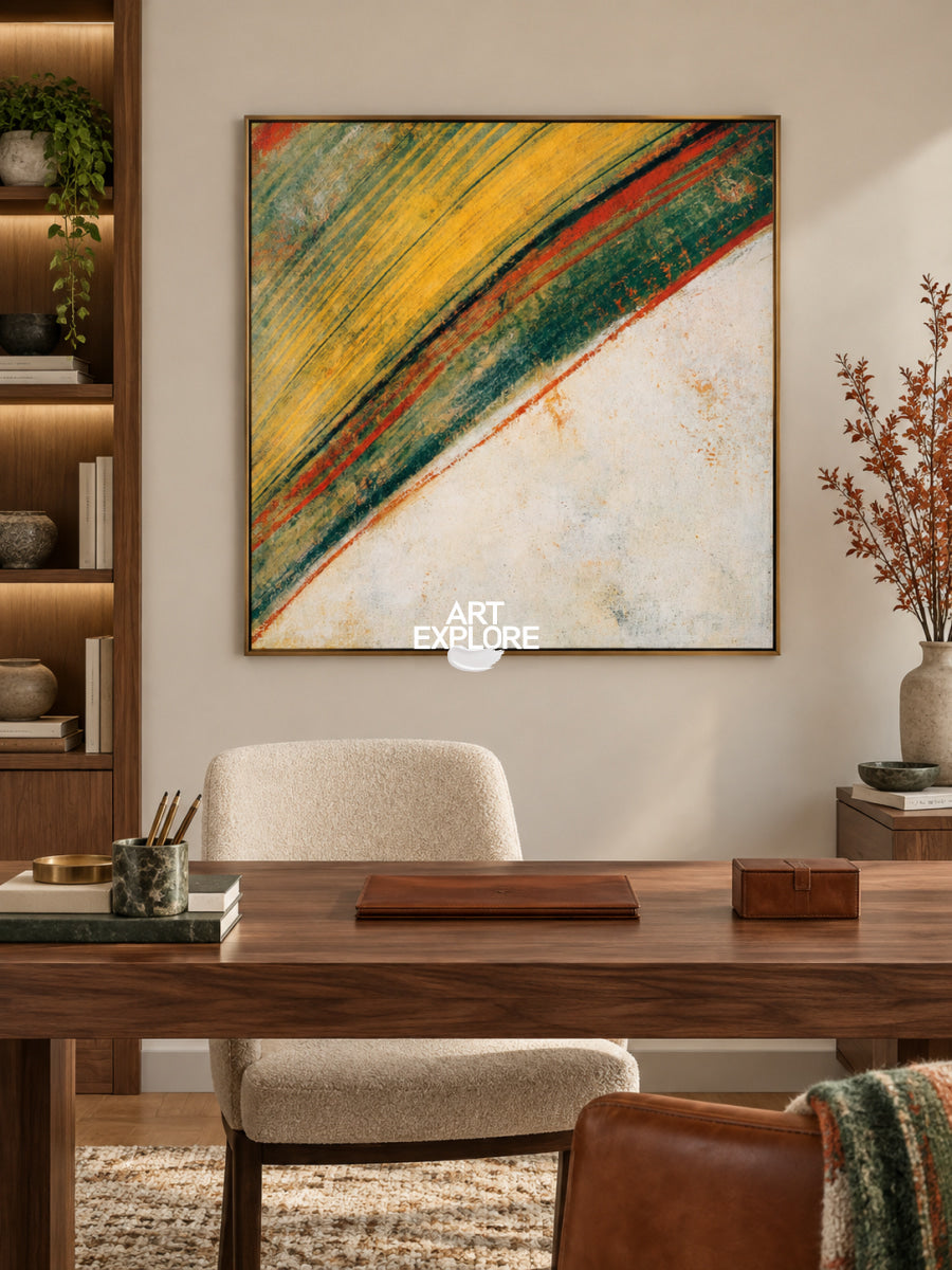 Abstract Yellow Green Canvas Painting With Red Lines For Modern Wall Art