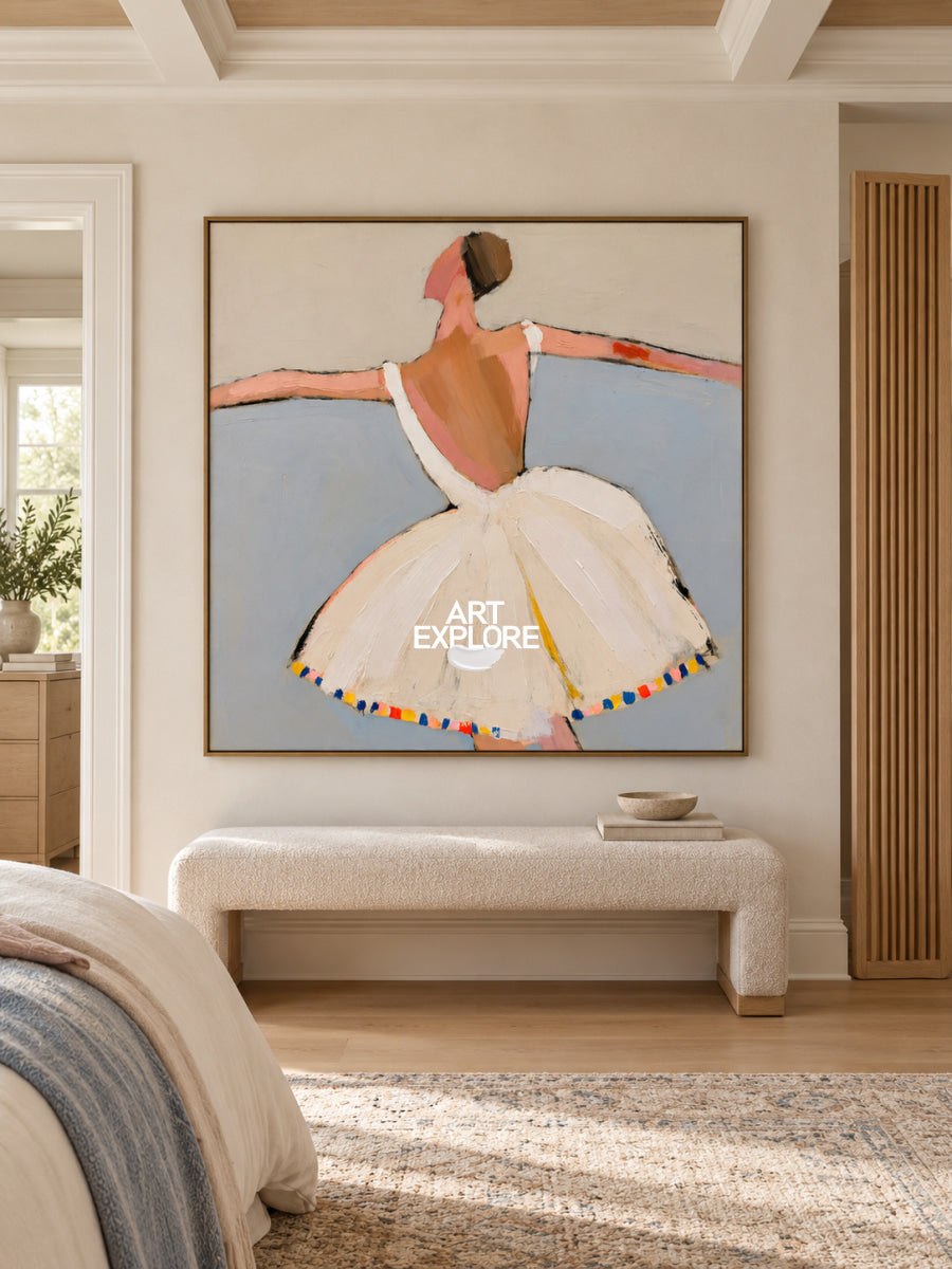 Minimalist Ballerina Canvas Painting In Beige And Blue Tones