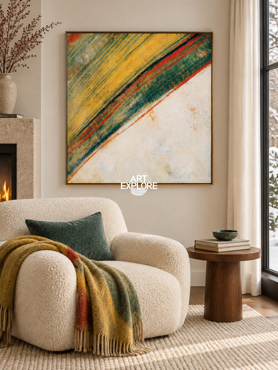 Abstract Yellow Green Canvas Painting With Red Lines For Modern Wall Art