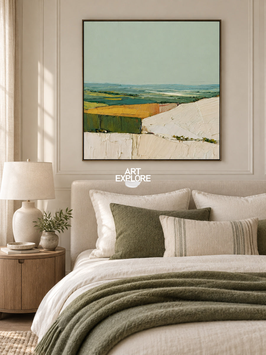 Abstract Green Landscape Canvas Painting With Textured Hills For Modern Walls