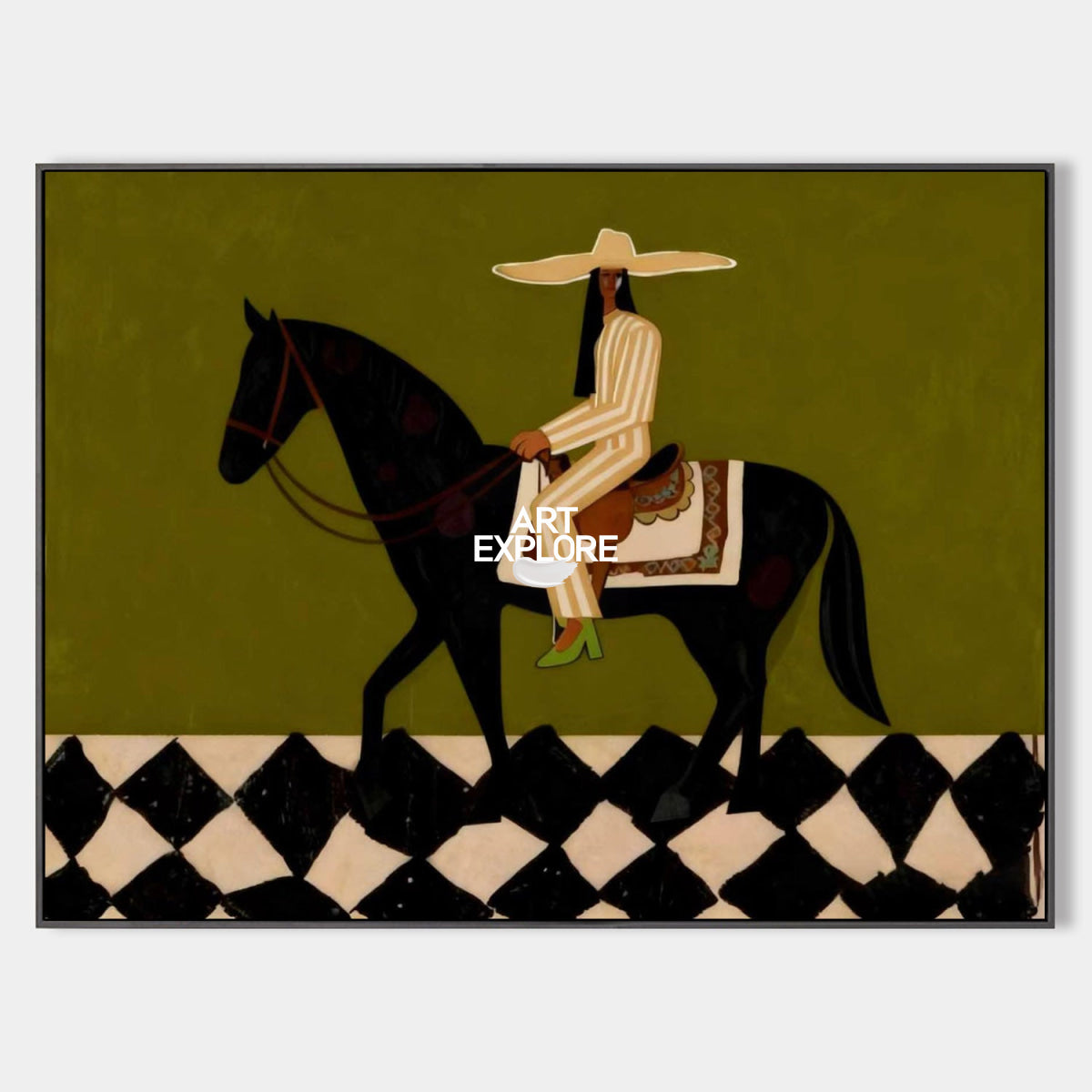 Stylized Black Horse And Rider Art Print Geometric Pattern Wall Decor For Entryway