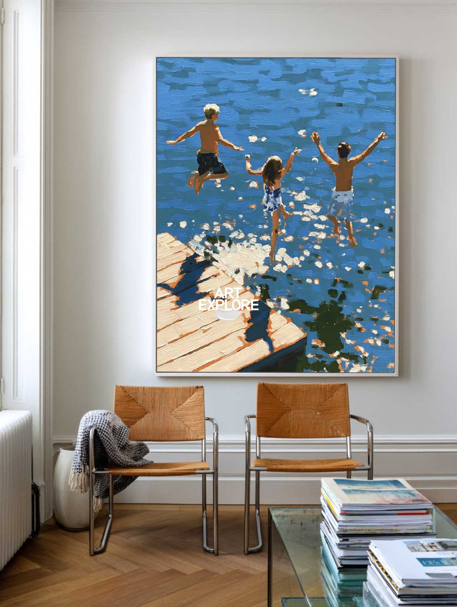 Abstract Blue Diving Art For Modern Coastal Living Room Decor