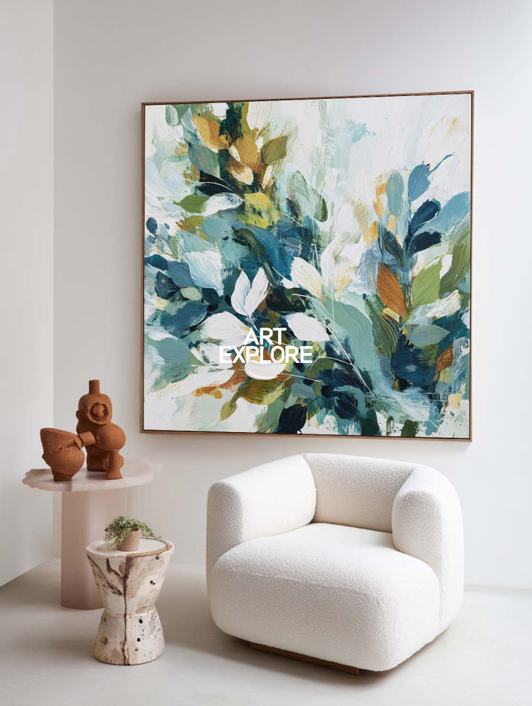 Teal and White Abstract Plant Painting Extra Large Nature Canvas