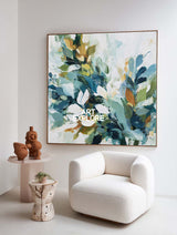 Teal and White Abstract Plant Painting Extra Large Nature Canvas