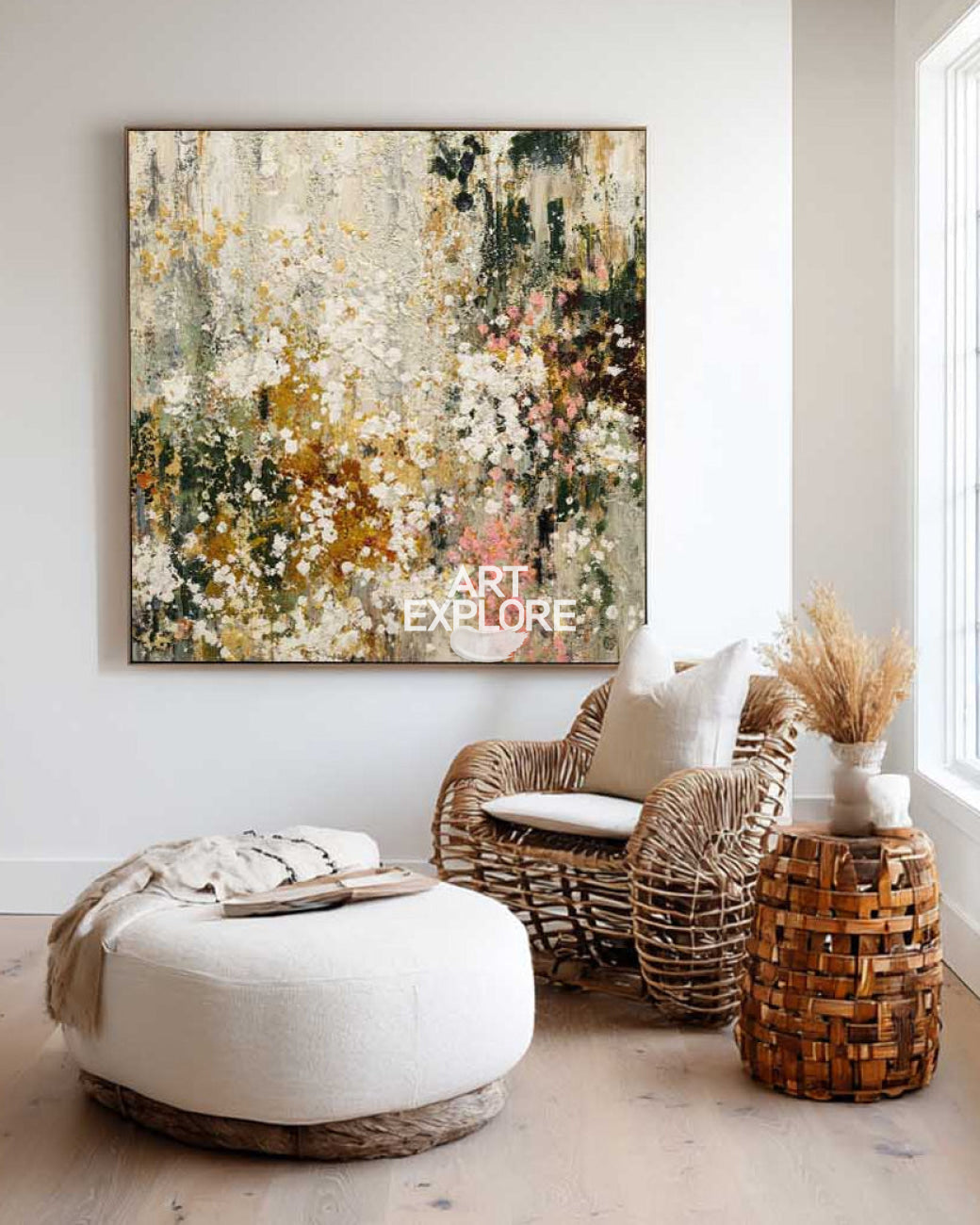 Textured Beige Floral Abstract Wall Decor, Handmade Oil on Canvas – ArtExplore