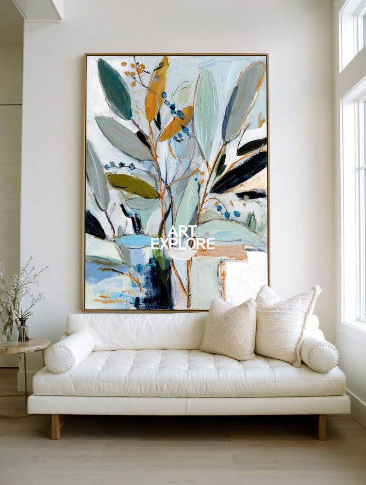 Textured Eucalyptus Branch Painting Large Luxury Office Wall Art