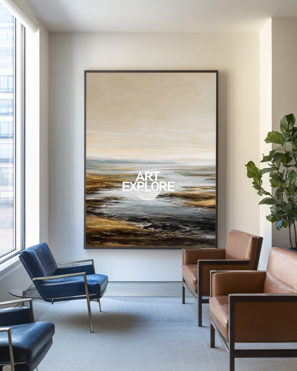 Textured Minimalist Lake Canvas, Modern Abstract Scenery for Hotel Decor ArtExplore