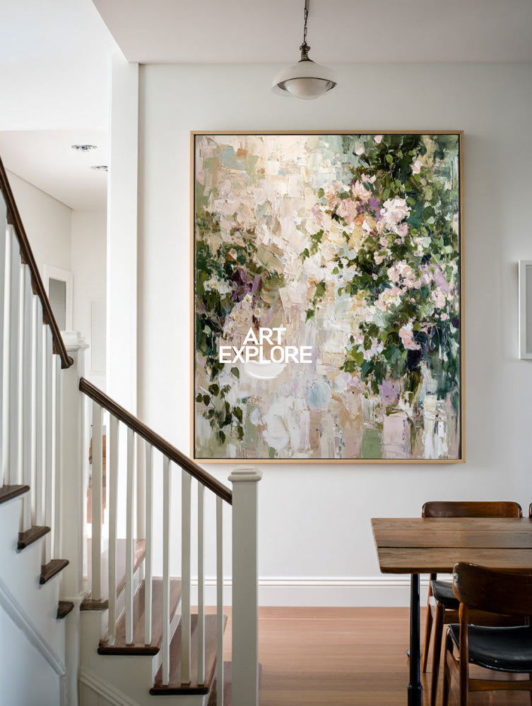 Textured Pink Rose Garden Painting Hand-Drawn Large Statement Art
