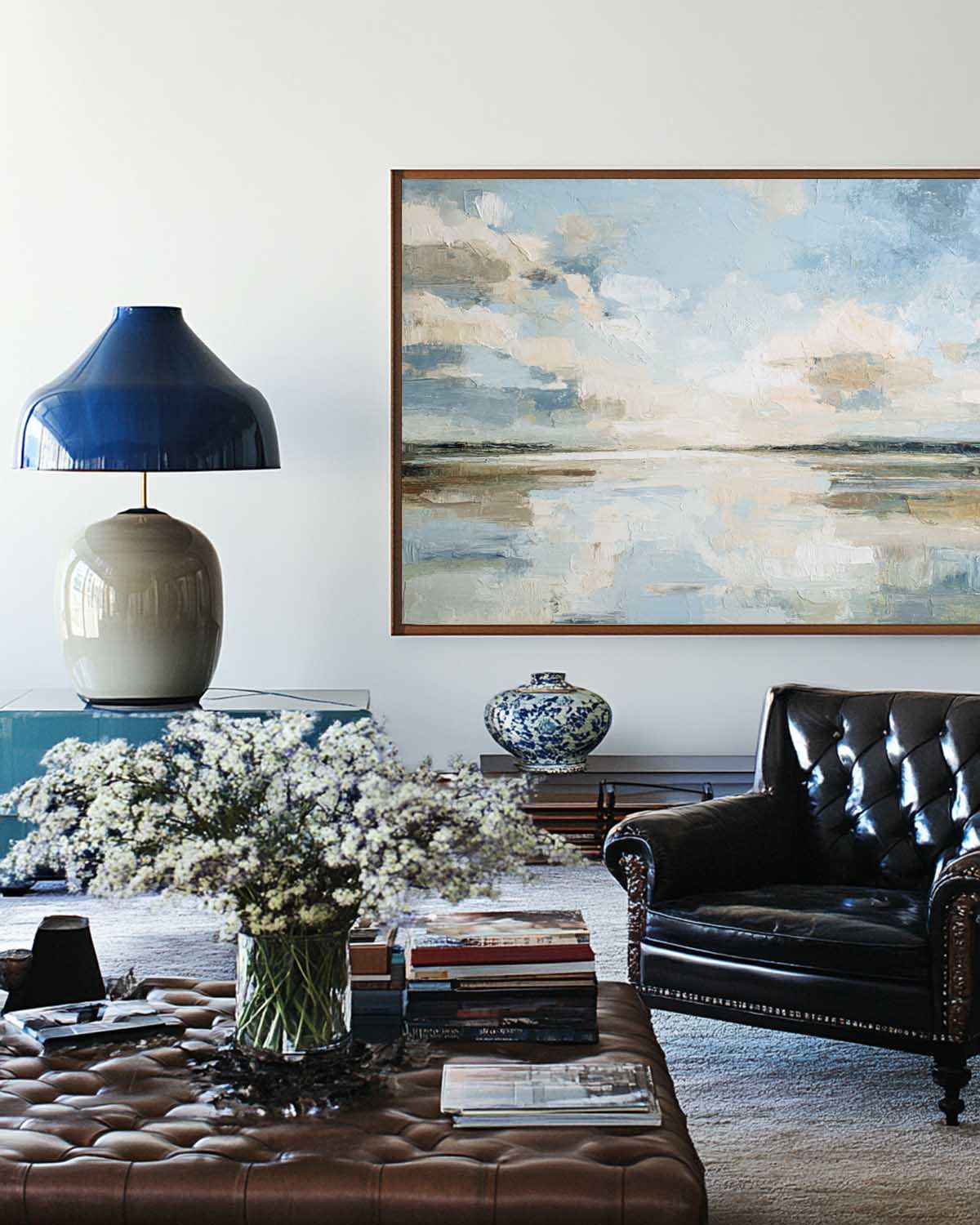 Textured Sunrise Lake Painting on Canvas | Minimalist Blue Wall Art for Home | ArtExplore