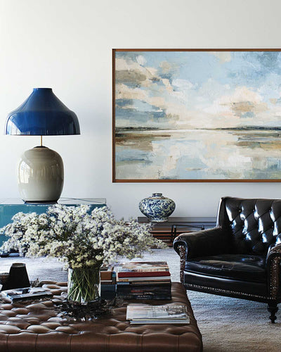 Textured Sunrise Lake Painting on Canvas | Minimalist Blue Wall Art for Home | ArtExplore