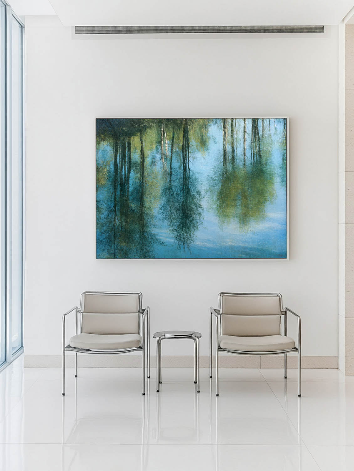 Tranquil Blue Landscape Canvas – Large Minimalist Oil Painting for Dining Room | ArtExplore