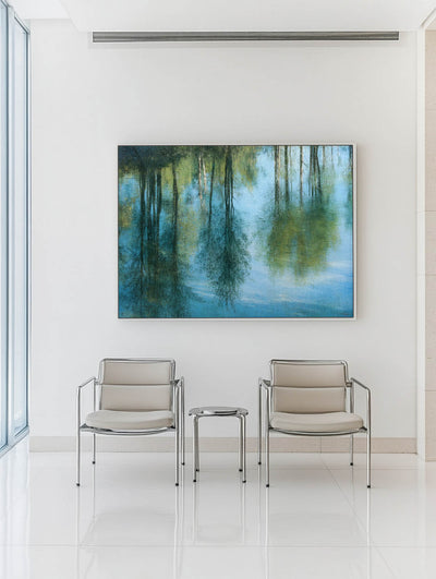 Tranquil Blue Landscape Canvas – Large Minimalist Oil Painting for Dining Room | ArtExplore
