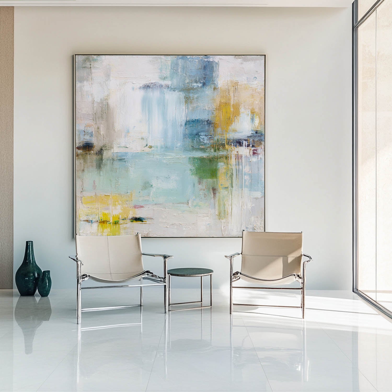 Tranquil Coastal Blue Abstract Painting – Sky Hues Large Minimalist Landscape Wall Art