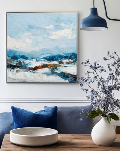 Tranquil Coastal Blue Landscape Wall Art – Handmade Oil Painting for Large Living Spaces