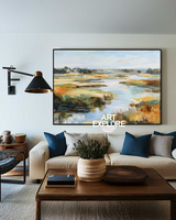 Tranquil Lake View Large Painting, Handmade Modern Canvas Artwork – ArtExplore