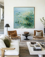 Tranquil Reflections: Oversized Square Botanical Oil Painting