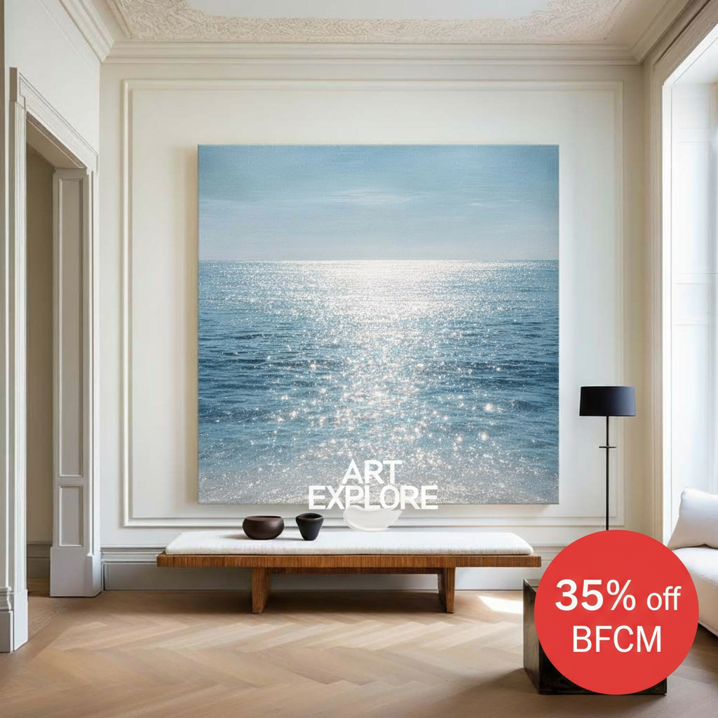 Tranquil Sea View Oil Painting, Textured Blue Wall Art for Home – ArtExplore
